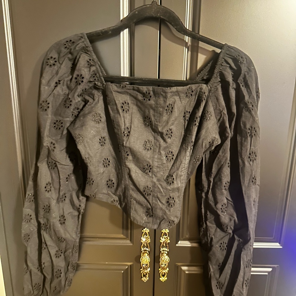 Hollister Black Eyelet Cropped Top with Eyelet and Corset Design